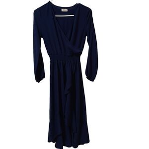 KorMei Blue Womens Dress with Ruffles/Front Asymmetrical Size S Rayon